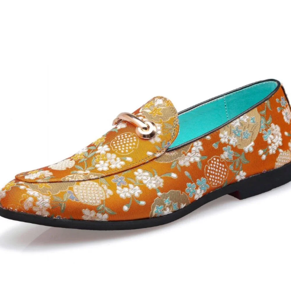 Santimon Men's US 12.5 Orange Floral Embroidery Loafers with Gold Buckle Stylish